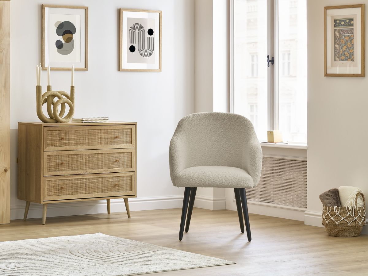 Bobochic Sophie Esszimmerstuhl mit skandinavischen Beinen, schwarz Bouclé-Stoff Beige