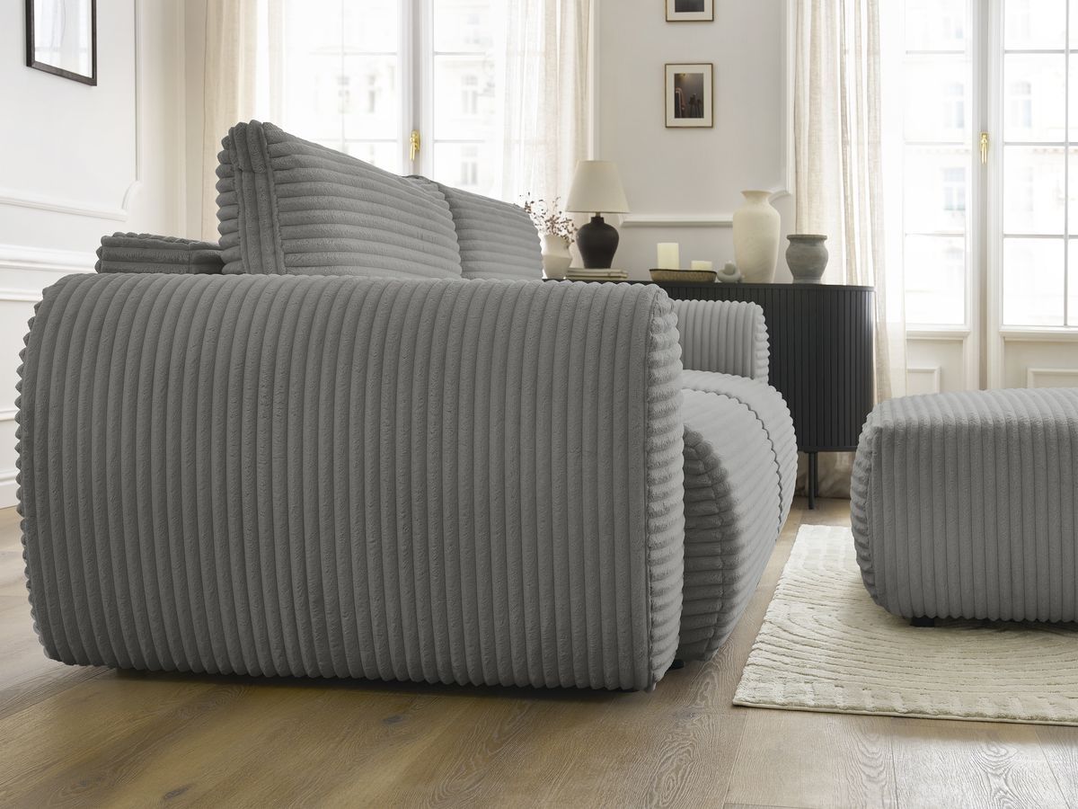 Bobochic Lucien Schlafsofa 4-Sitzer mit Bettkasten und Pouf Breitcord weich Dunkelgrau