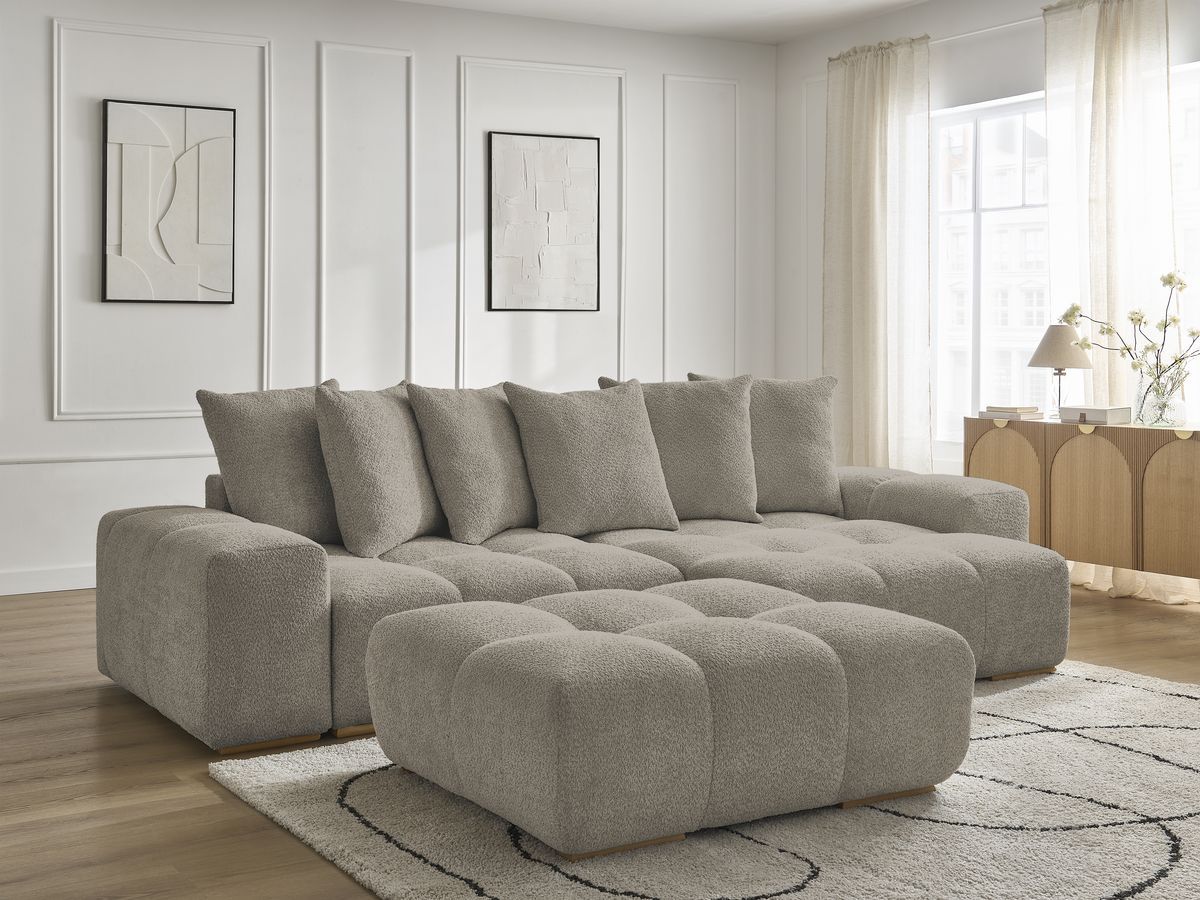 Bobochic Anakin Ecksofa mit Pouf, 6 Kissen Bouclé-Stoff Taupe