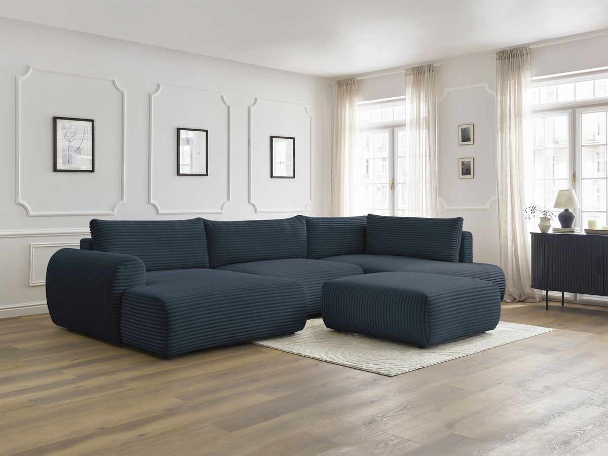 Bobochic Lucien Wohnlandschaft mit Pouf Breitcord weich Dunkelblau Ecke links
