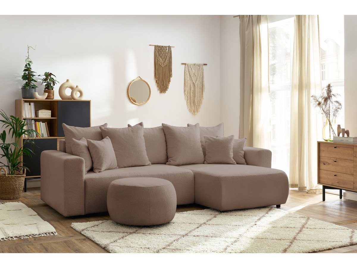 Bobochic Envy Ecksofa mit Schlaffunktion und Bettkasten und rundem Pouf Bouclé-Stoff Braun