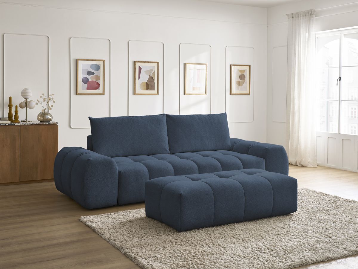 Bobochic Everest Schlafsofa 3-Sitzer mit Bettkasten und Pouf, 2 Kissen Melange-Stoff Dunkelblau