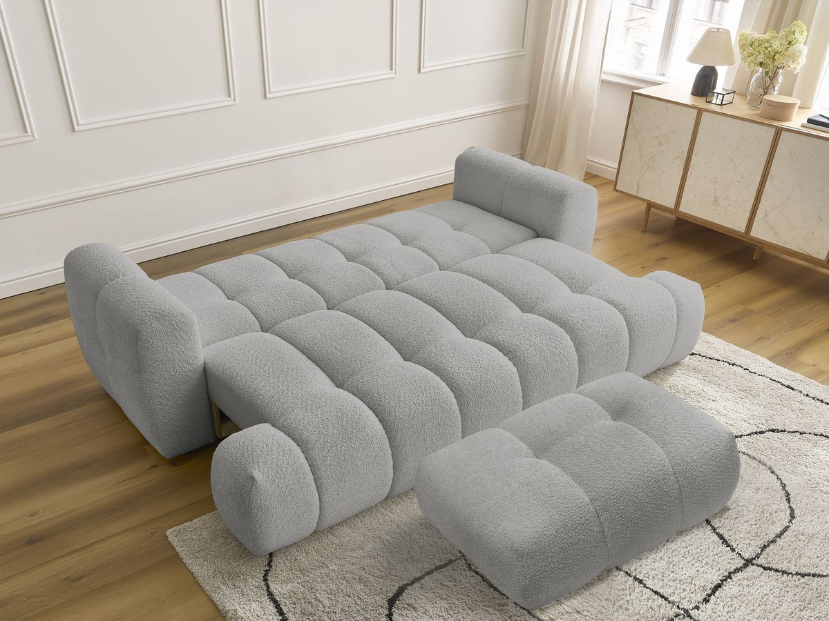 Bobochic Fuji Schlafsofa 3-Sitzer mit Bettkasten und Pouf Bouclé-Stoff Hellgrau