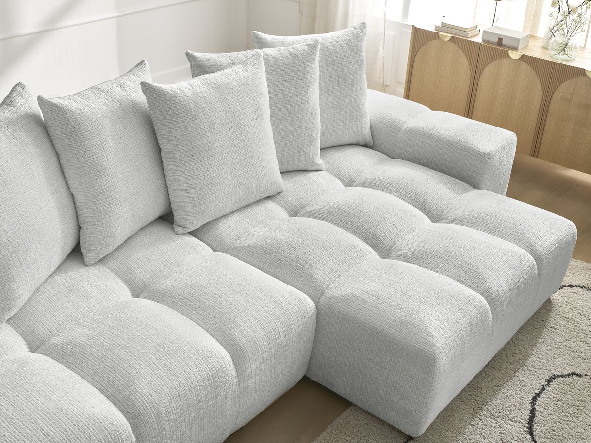 Bobochic Anakin Ecksofa mit Schlaffunktion und Bettkasten, 6 Kissen Strukturstoff Hellgrau