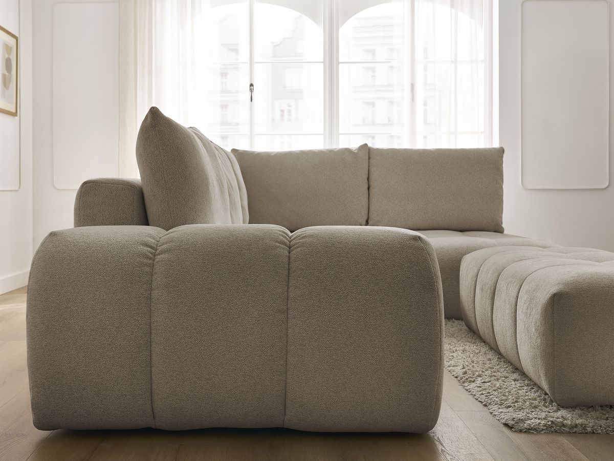 Bobochic Everest Ecksofa mit Schlaffunktion und Bettkasten und Pouf 320 × 212 cm, 5 Kissen Melange-Stoff Taupe Ecke rechts