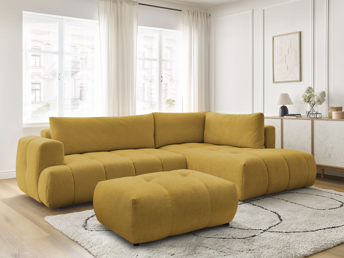 Bobochic Fuji Ecksofa mit Schlaffunktion und Bettkasten und Pouf 282 × 204 cm Stoff Gelb Ecke rechts