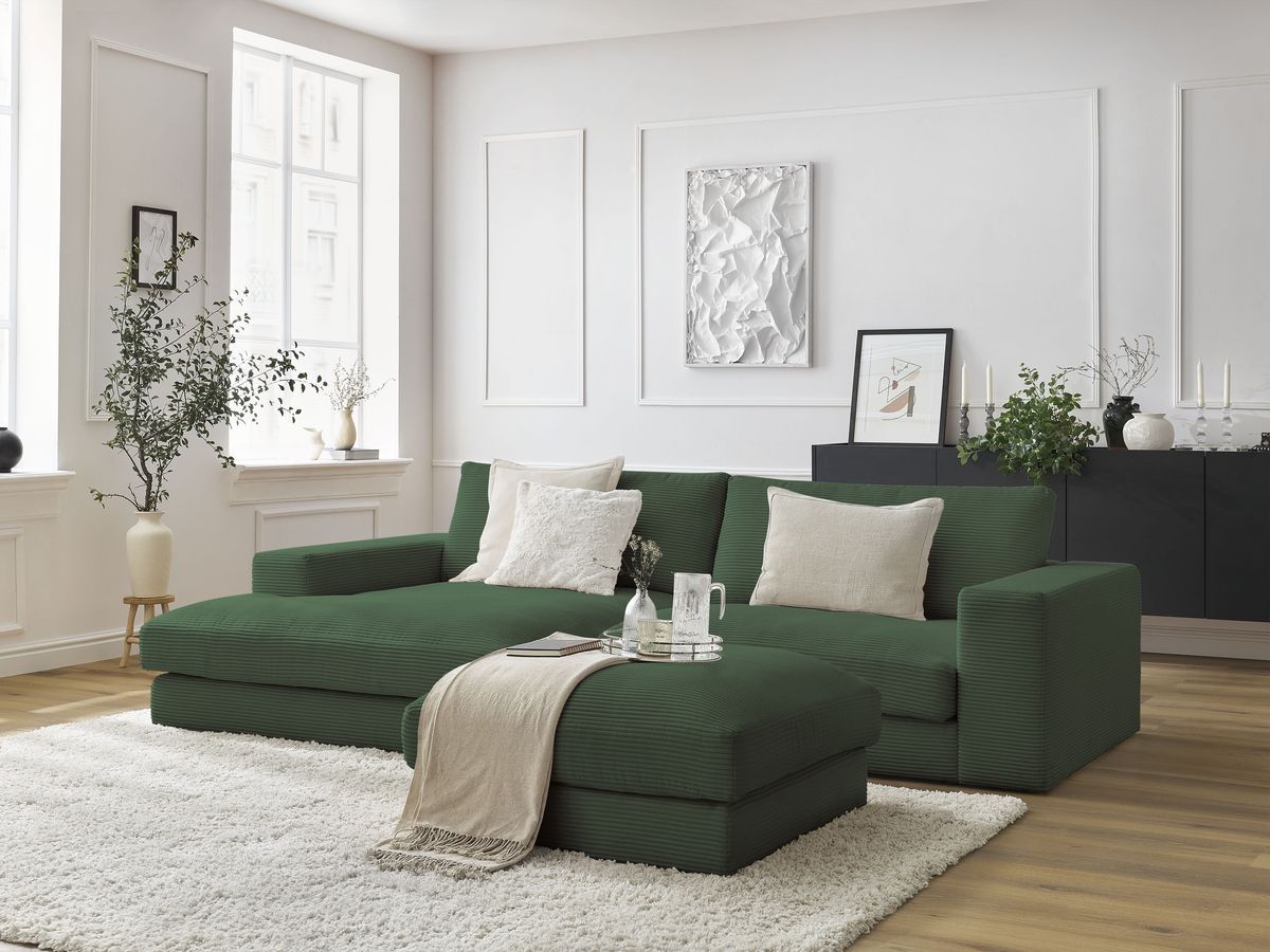 Bobochic Leonard Ecksofa mit Pouf 234 × 159 cm Cordsamt Dunkelgrün Ecke links