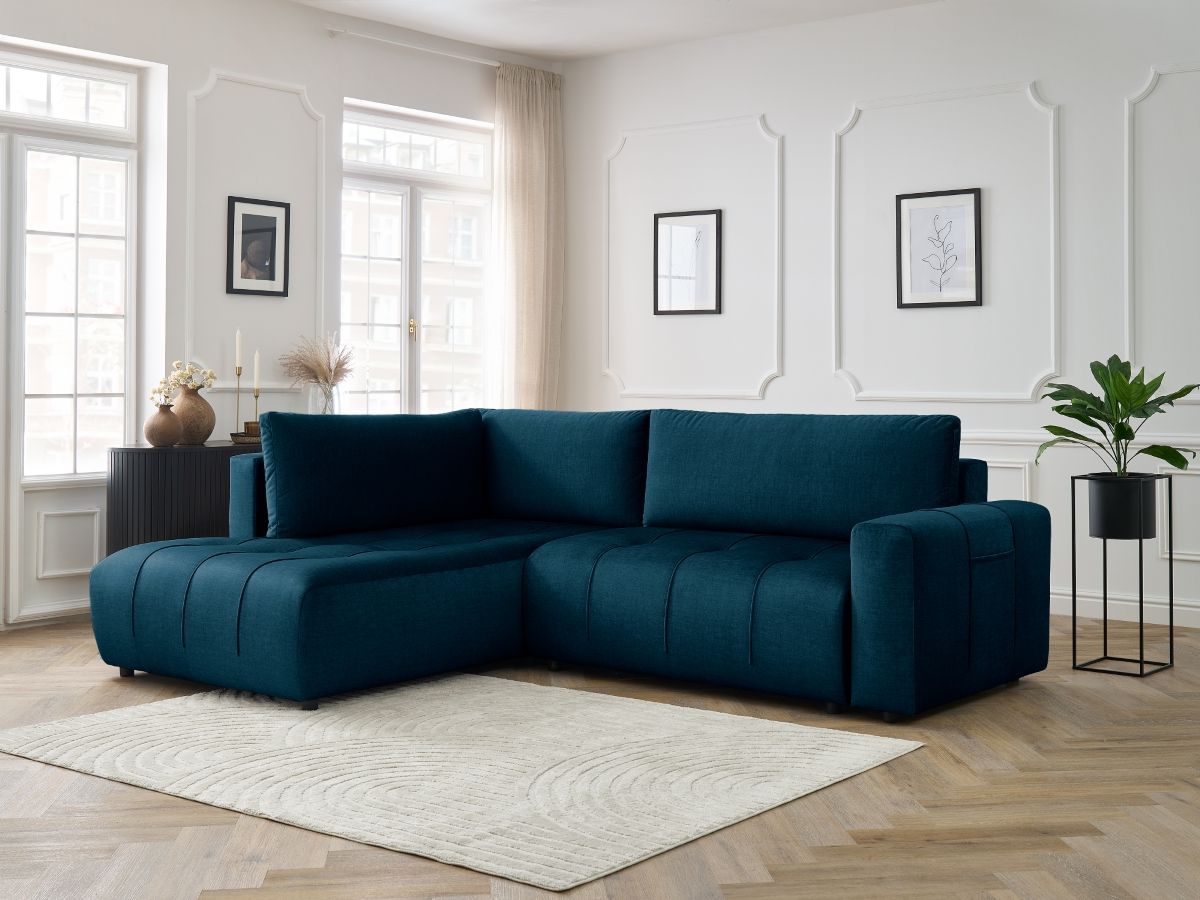 Bobochic Arsene Ecksofa mit Schlaffunktion und Bettkasten 277 × 200 cm Samt Dunkelblau Ecke links
