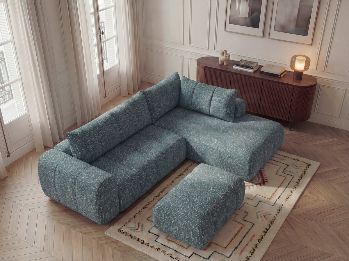Bobochic Nesty Ecksofa in L-Form, 256 cm, mit Pouf Melange-Stoff Blau Ecke rechts