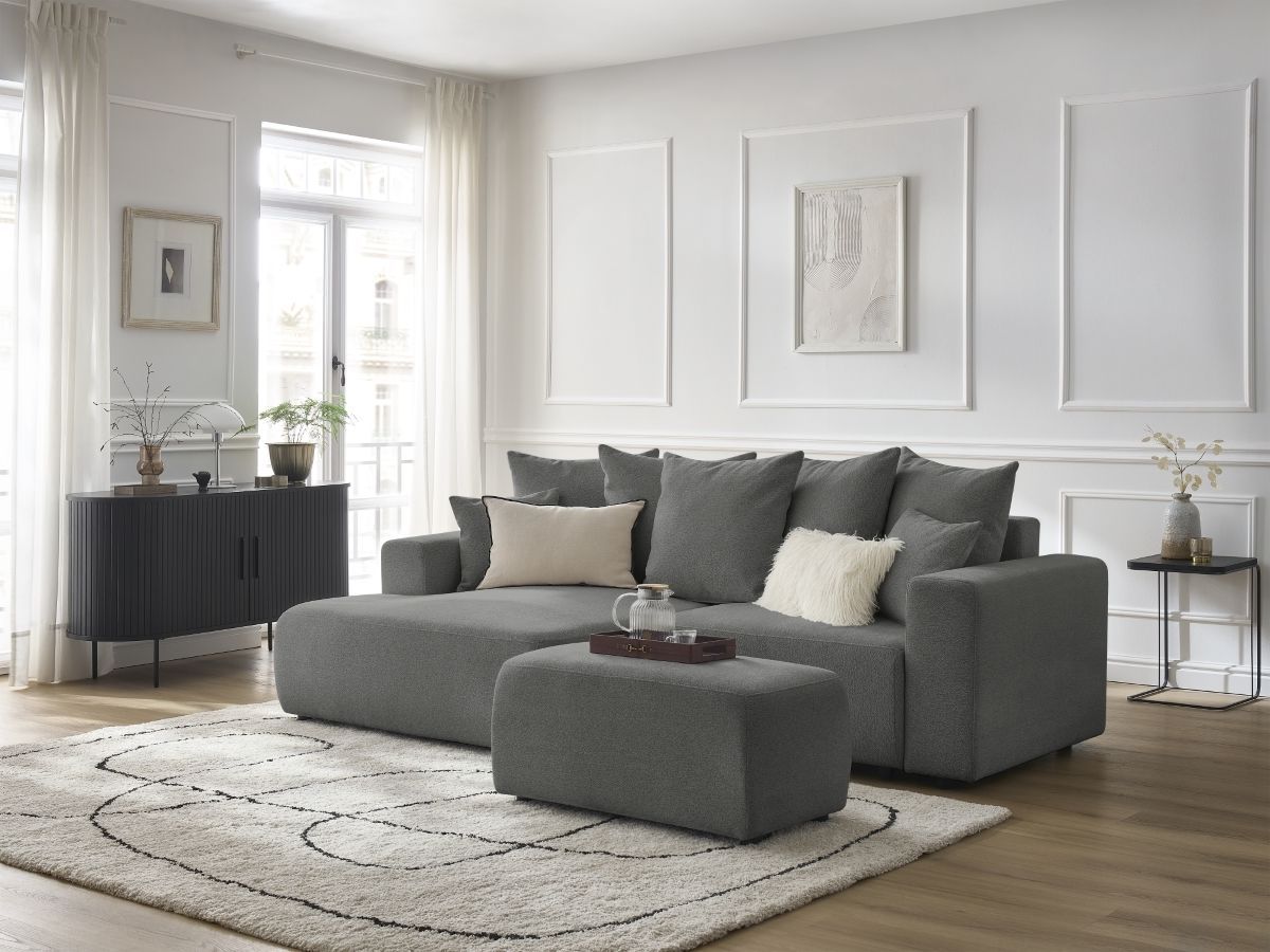 Bobochic Atilla Ecksofa mit Schlaffunktion und Bettkasten und Pouf Melange-Stoff Dunkelgrau Ecke links