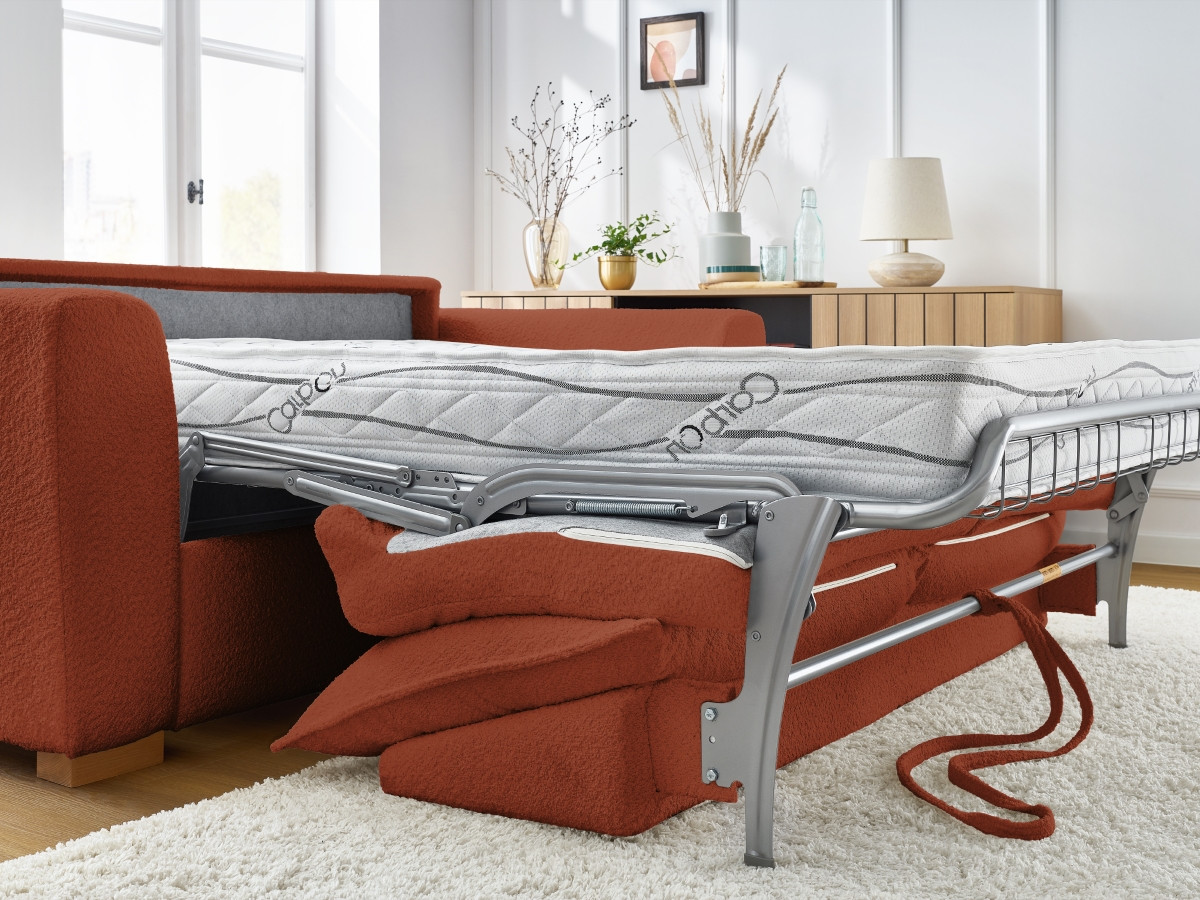 Bobochic Augustin Schlafsofa 3-Sitzer Bouclé-Stoff Orange, Liegefläche 140 × 200 cm