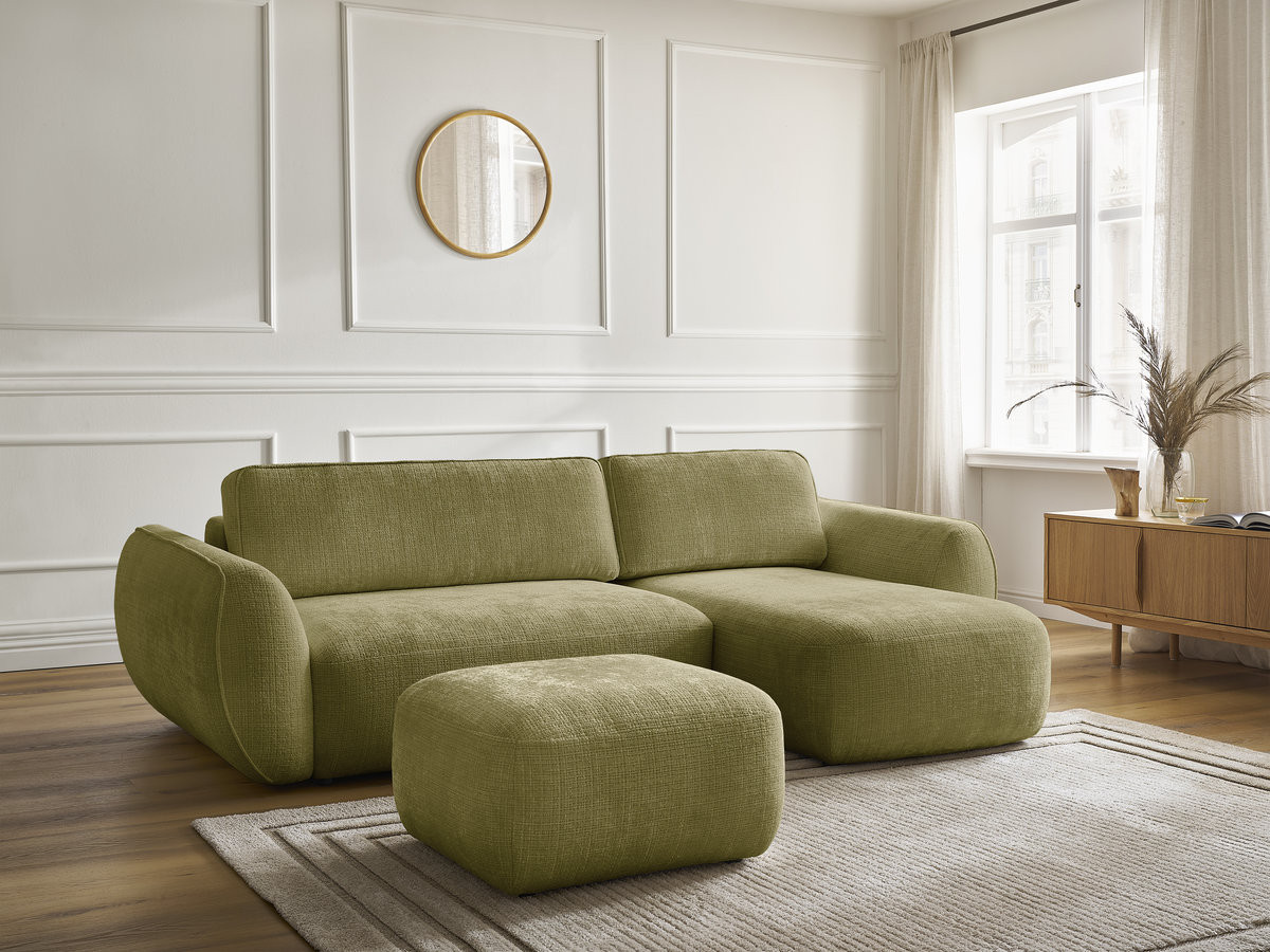 Bobochic Denise Ecksofa mit Schlaffunktion und Bettkasten und Pouf 258 × 160 cm Strukturstoff Grün Ecke rechts