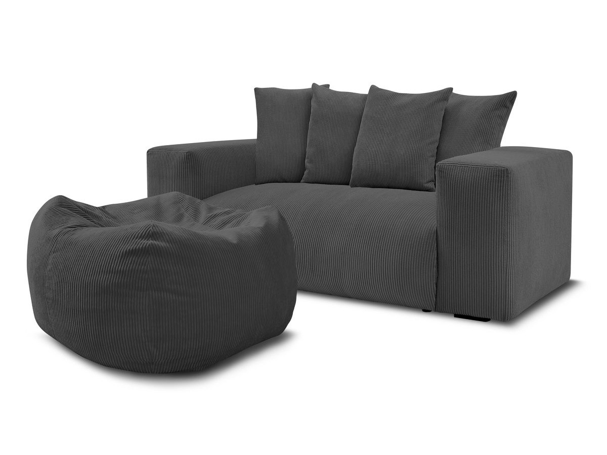 Bobochic Voltaire Sofa 2-Sitzer mit Pouf Cordsamt Dunkelgrau