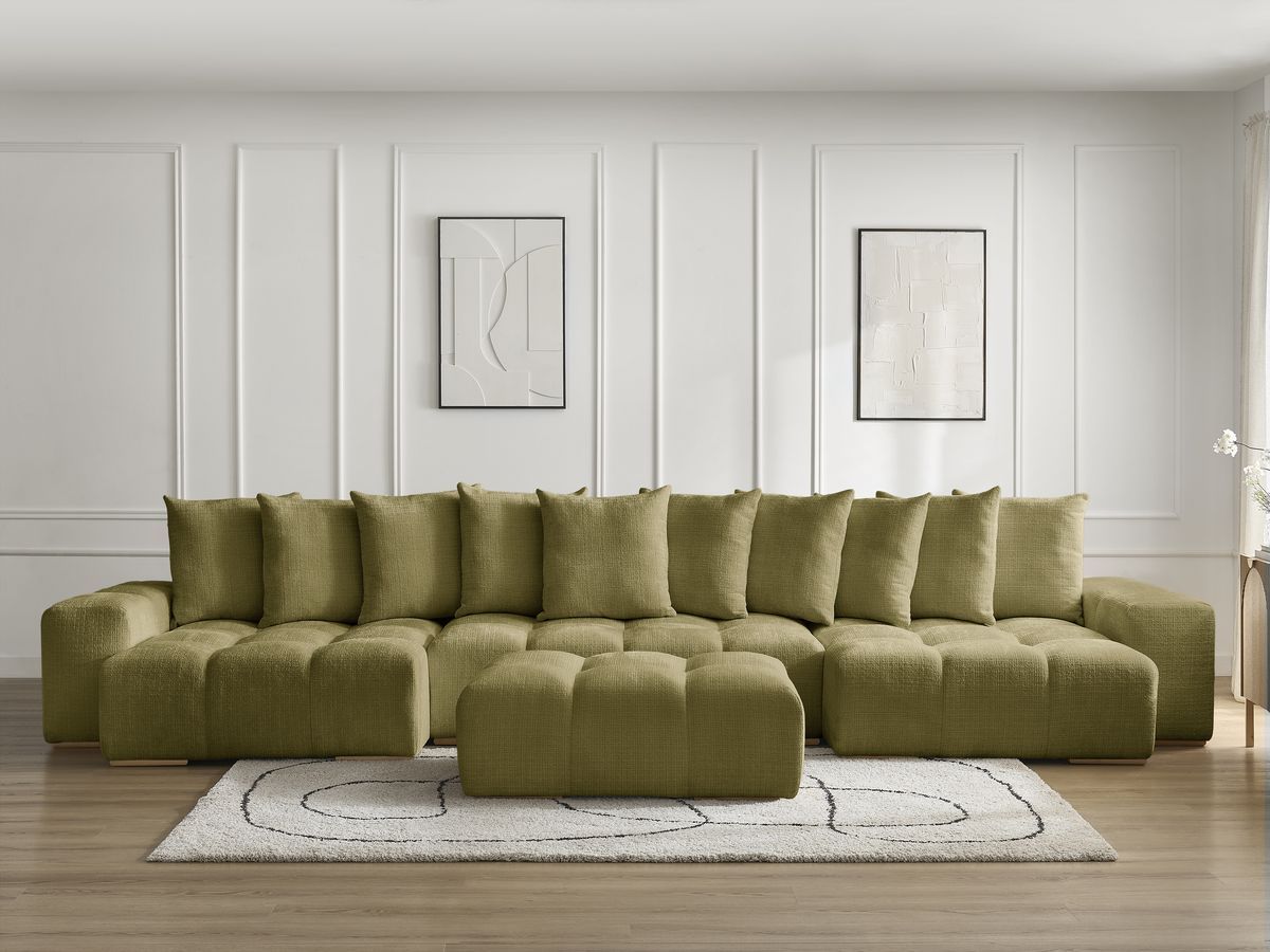 Bobochic Anakin Wohnlandschaft mit Pouf, Liegefläche 137 × 382 cm, 10 Kissen Strukturstoff Grün
