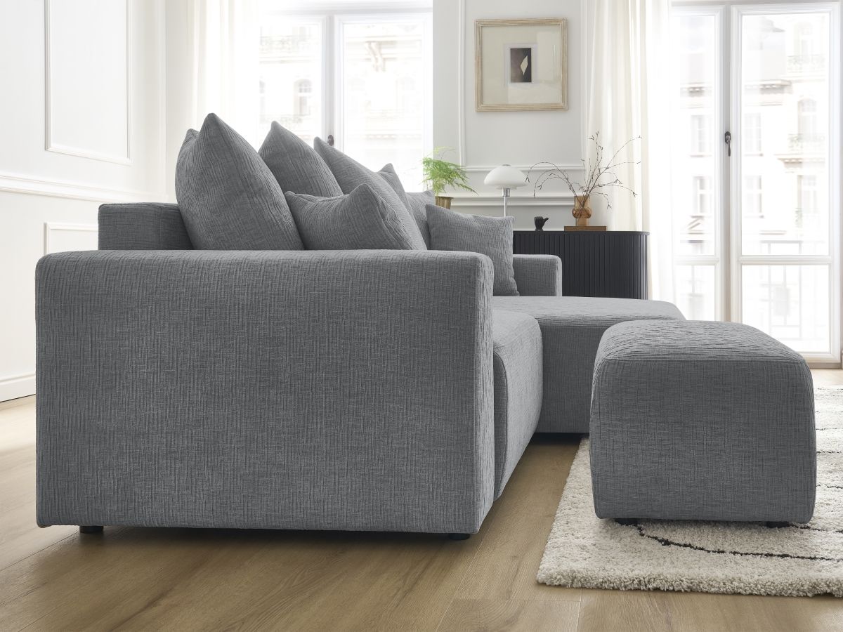 Bobochic Atilla Ecksofa mit Schlaffunktion und Bettkasten und Pouf Strukturstoff Dunkelgrau Ecke rechts