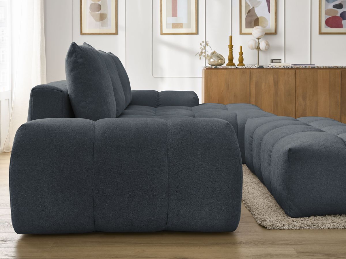 Bobochic Everest Ecksofa mit Schlaffunktion und Bettkasten und Pouf 318 × 180 cm, 3 Kissen Strukturstoff Blau Ecke rechts