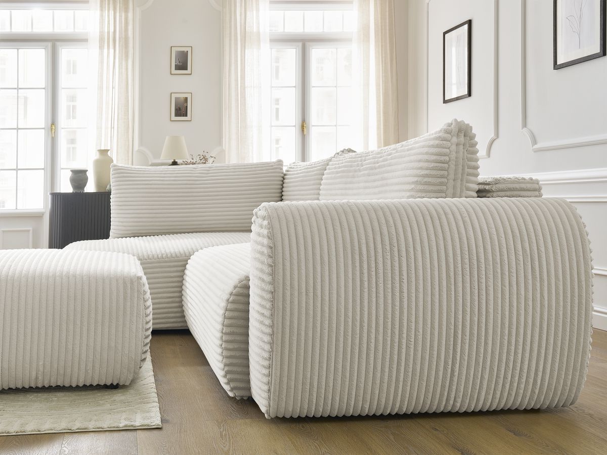 Bobochic Lucien Ecksofa mit Schlaffunktion und Bettkasten und Pouf 296 × 198 cm Breitcord weich Beige Ecke links