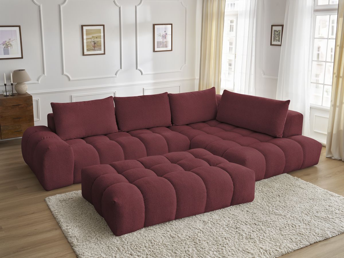 Bobochic Everest Ecksofa mit Schlaffunktion und Pouf, 4 Kissen Melange-Stoff Rot Ecke rechts
