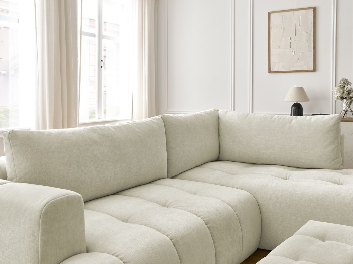 Bobochic Fuji Ecksofa mit Schlaffunktion und Bettkasten und Pouf 282 × 204 cm Stoff Beige Ecke rechts