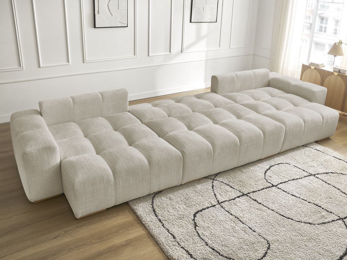 Bobochic Anakin Wohnlandschaft mit Pouf, Liegefläche 137 × 382 cm, 10 Kissen Strukturstoff Beige