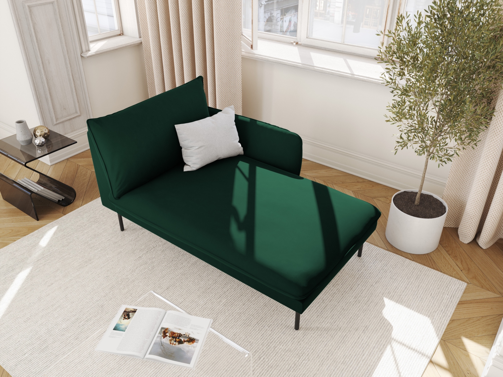 Cosmopolitan Design Chaiselongue Vienna Samt Bluvel Flaschengrün Rechts Beine Schwarzes Metall