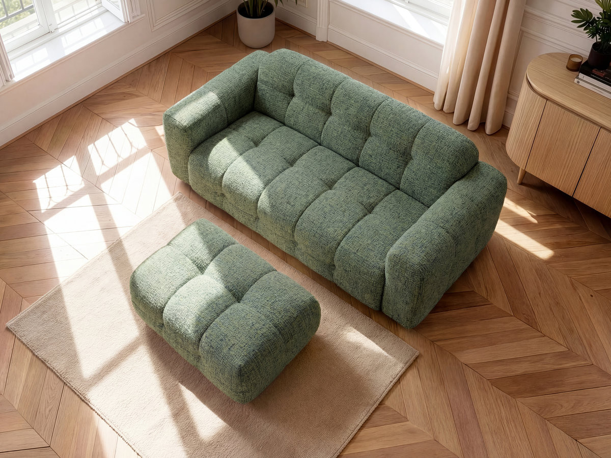 Bobochic Laura Sofa 3-Sitzer mit kleinem Pouf Melange-Stoff Hellgrün