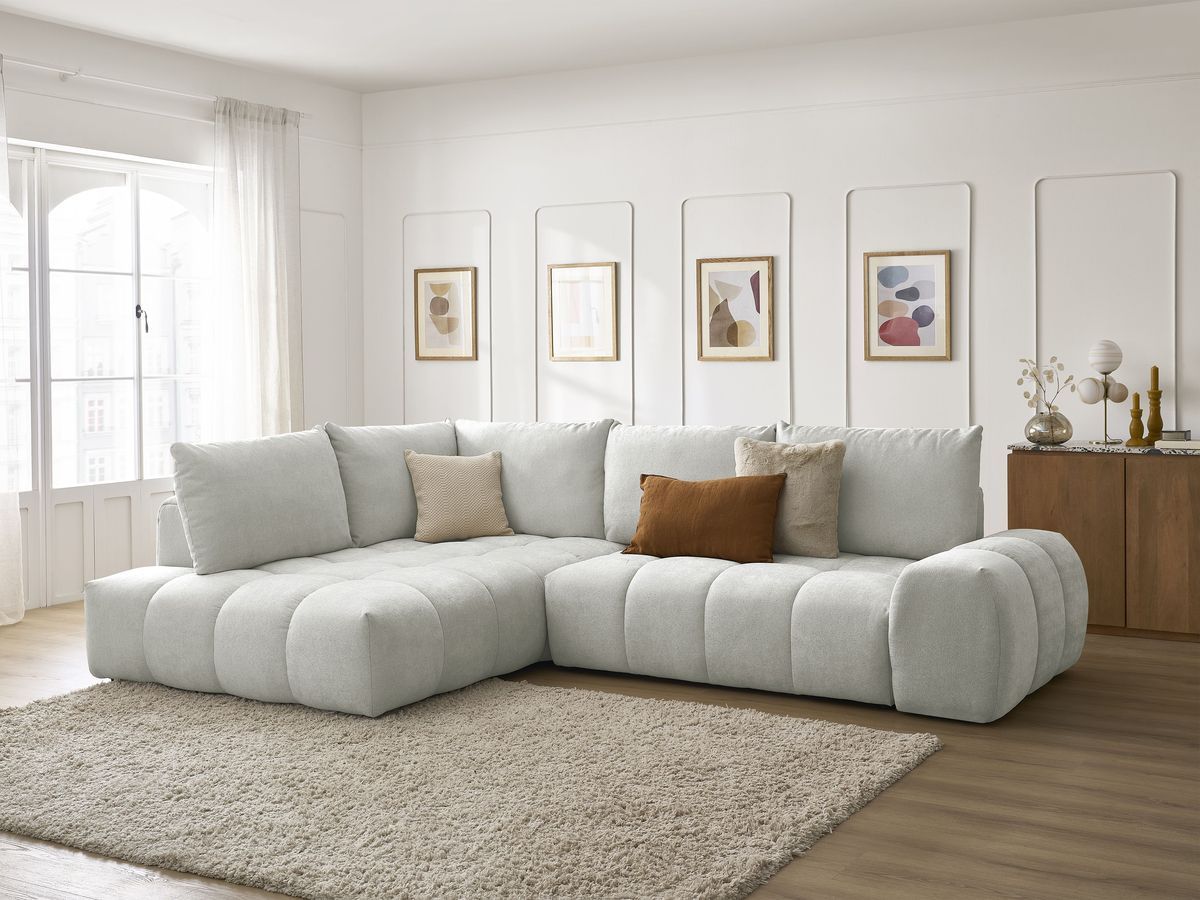 Bobochic Everest Ecksofa mit Schlaffunktion und Bettkasten 320 × 212 cm, 5 Kissen Strukturstoff Hellgrau Ecke links