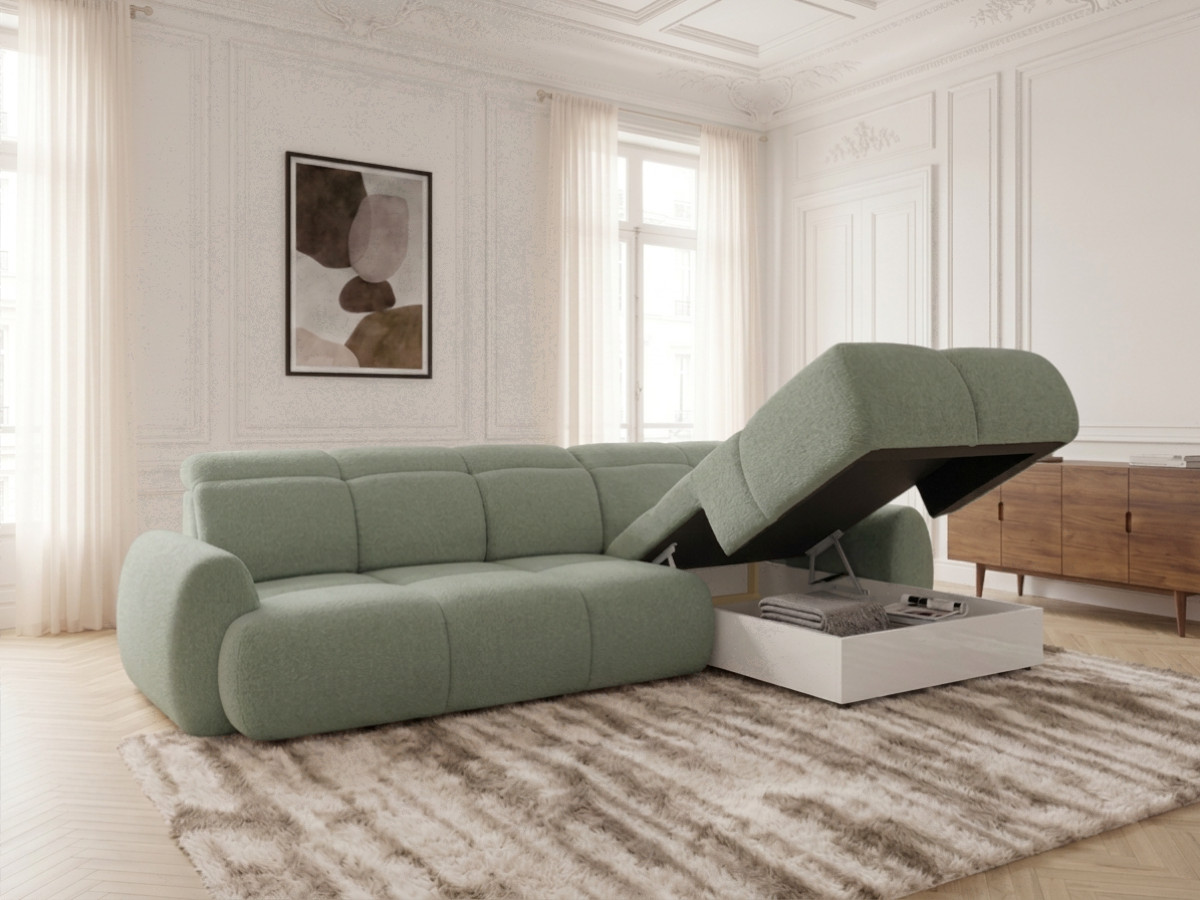 Bobochic Ruby Ecksofa mit Schlaffunktion und Bettkasten Chenille Grün Ecke rechts