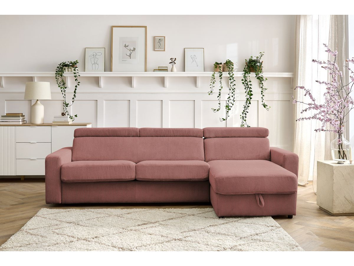Bobochic Monaco Ecksofa mit Schlaffunktion und Bettkasten Cordsamt Rosa, Liegefläche 140 × 190 cm