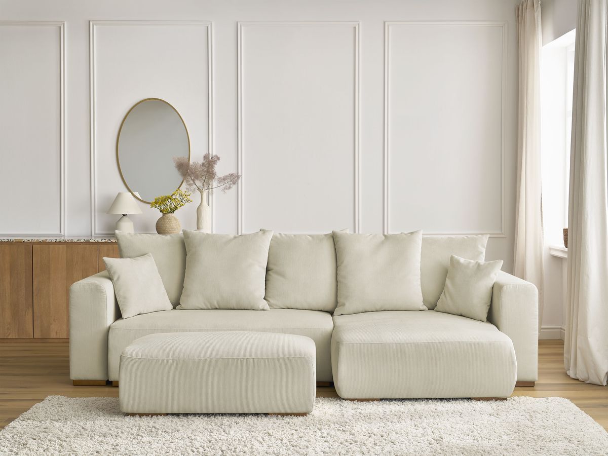 Bobochic Sidonie Ecksofa mit Schlaffunktion und Bettkasten und Pouf Cordsamt Beige
