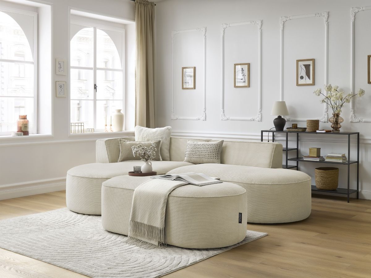 Bobochic Rousseau Ecksofa mit Pouf Cordsamt Beige Ecke links