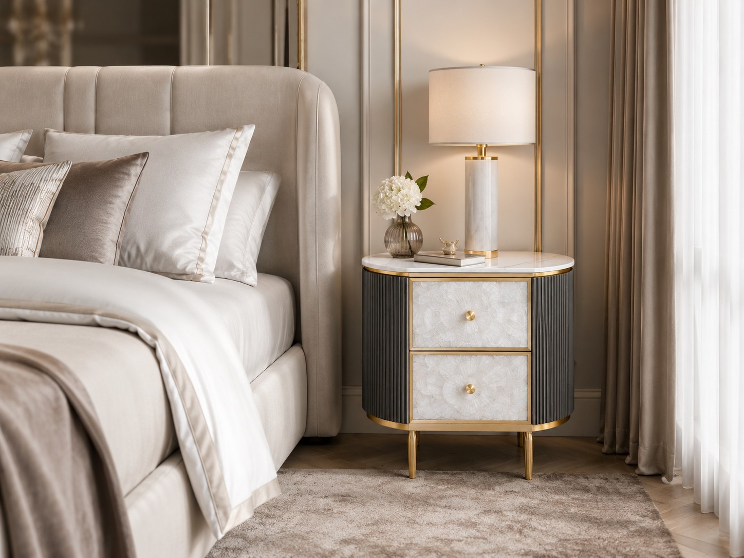 Livin Hill Nachttisch Stilig Bedroom 55 cm Dunkles Metallic-Braungrau, Platte Weiß