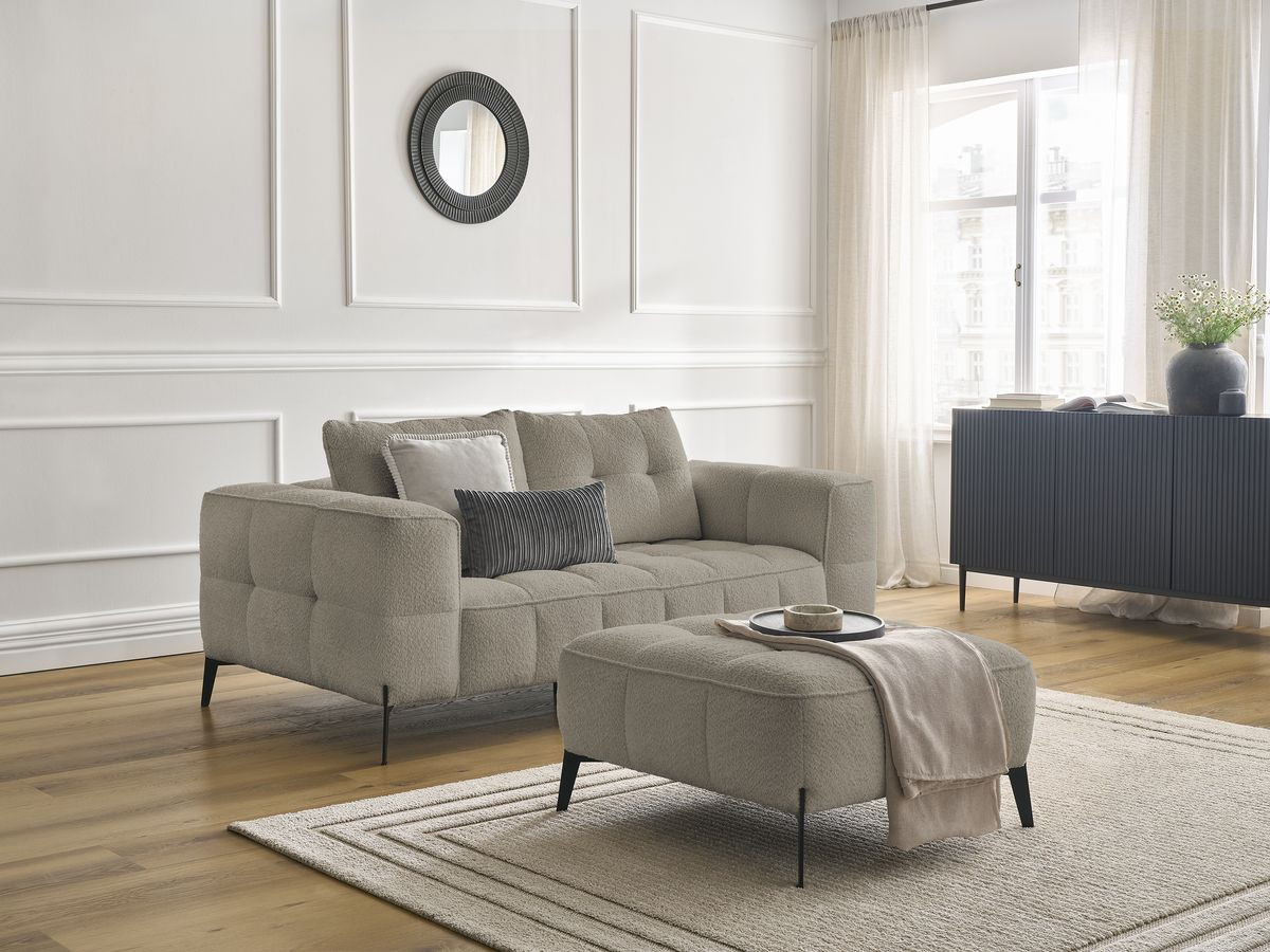 Bobochic Anis Sofa 2-Sitzer mit Pouf Bouclé-Stoff Taupe