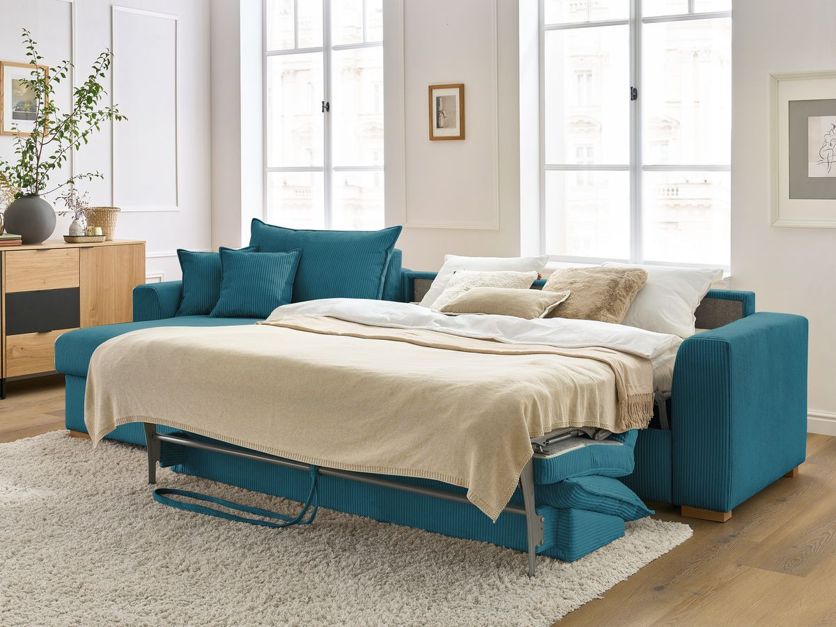 Bobochic Augustin Ecksofa mit Schlaffunktion und Bettkasten Cordsamt Hellblau, Liegefläche 140 × 200 cm