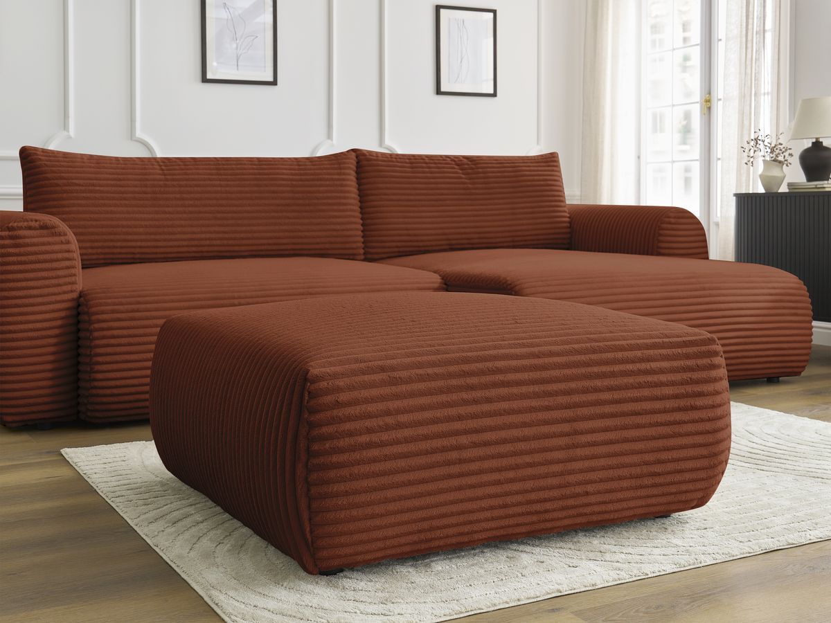 Bobochic Lucien Ecksofa mit Schlaffunktion und Bettkasten und Pouf 314 × 167 cm Breitcord weich Orange Ecke rechts