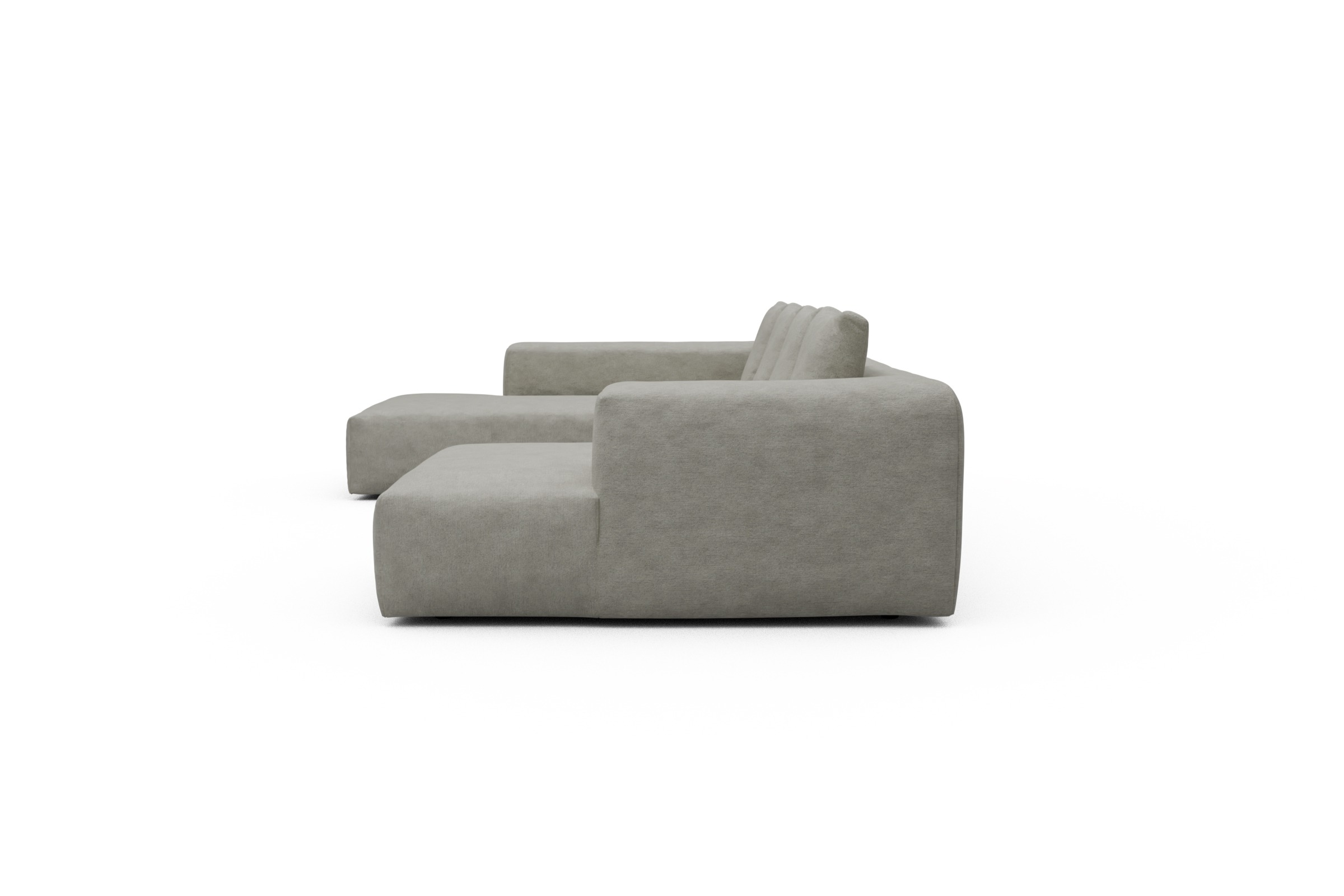 Wohnlandschaft Fred Relax-Ecke links mit 2-Sitzer und Chaiselongue rechts Boucle Carreno 773-Moon-Stone-White