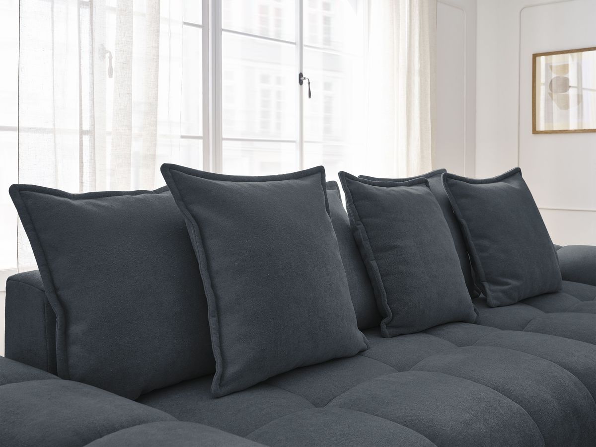 Bobochic Everest Ecksofa mit Schlaffunktion und Bettkasten und Pouf 318 × 180 cm, 7 Kissen Strukturstoff Blau Ecke rechts