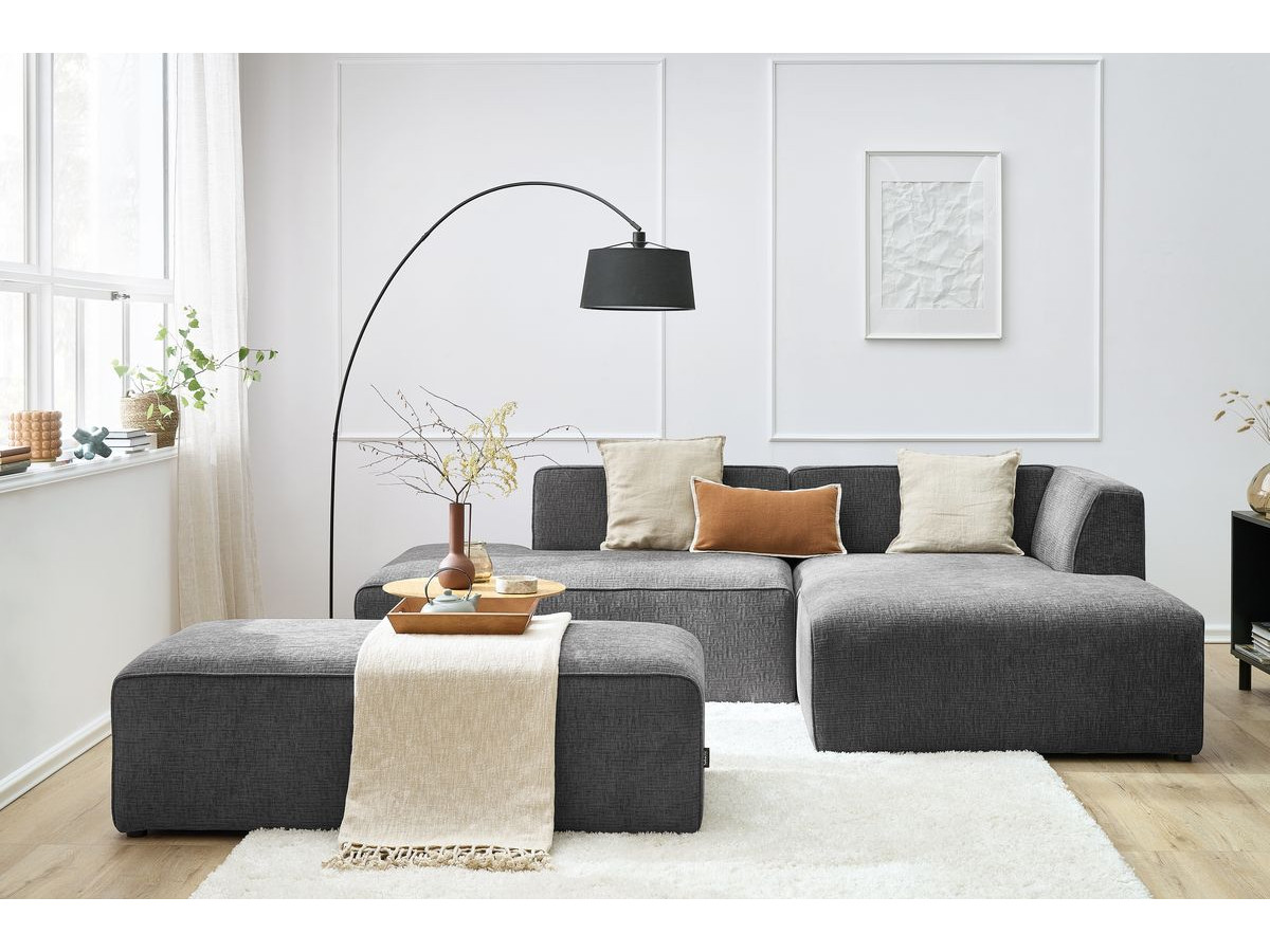 Bobochic Megeve Ecksofa mit Schlaffunktion und Pouf Strukturstoff Dunkelgrau Ecke rechts