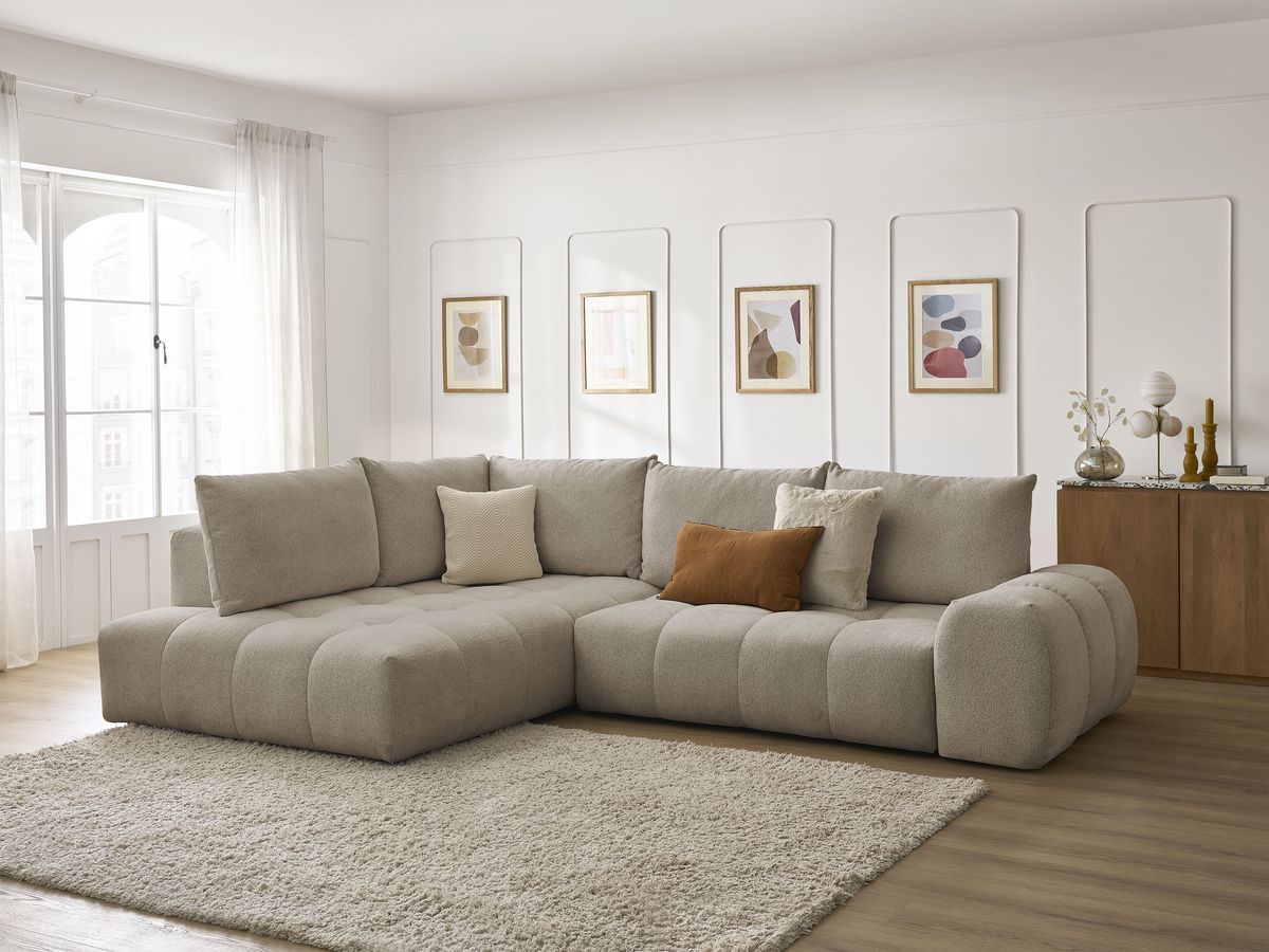 Bobochic Everest Ecksofa mit Schlaffunktion und Bettkasten 320 × 212 cm, 5 Kissen Melange-Stoff Taupe Ecke links