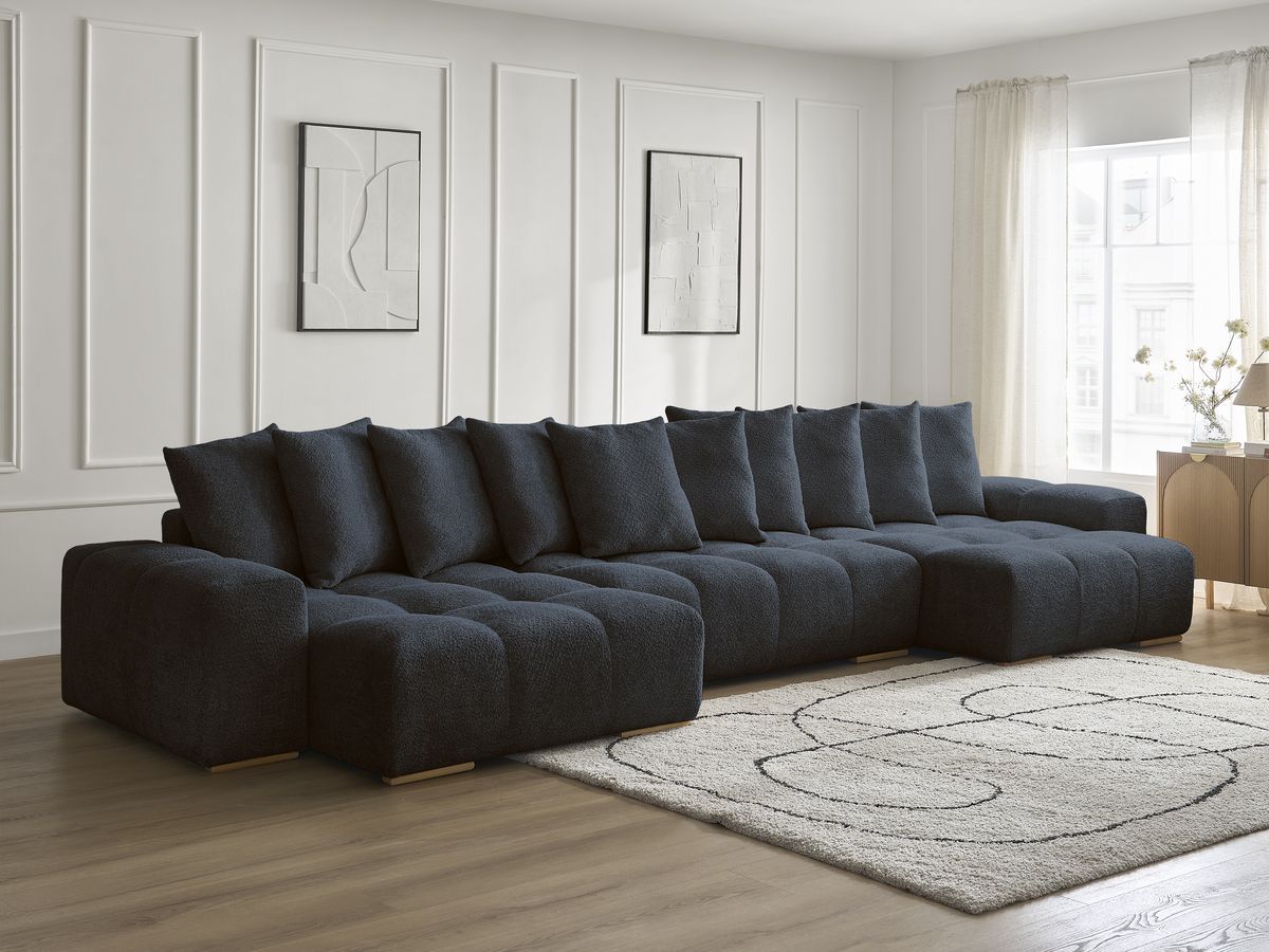Bobochic Anakin Wohnlandschaft, Liegefläche 137 × 382 cm, 10 Kissen Bouclé-Stoff Dunkelblau