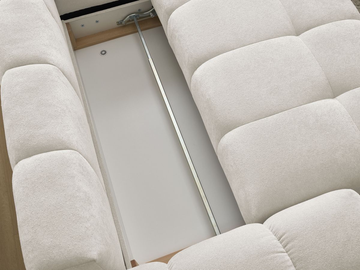 Bobochic Everest Ecksofa mit Schlaffunktion und Bettkasten 320 × 212 cm, 10 Kissen Strukturstoff Weiß Ecke rechts
