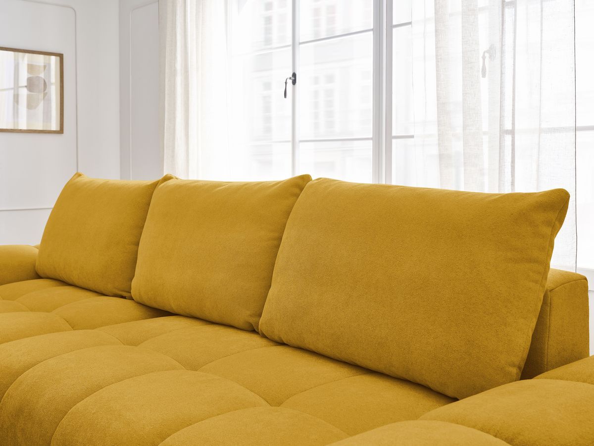 Bobochic Everest Ecksofa mit Schlaffunktion und Bettkasten und Pouf 318 × 180 cm, 3 Kissen Strukturstoff Gelb Ecke links