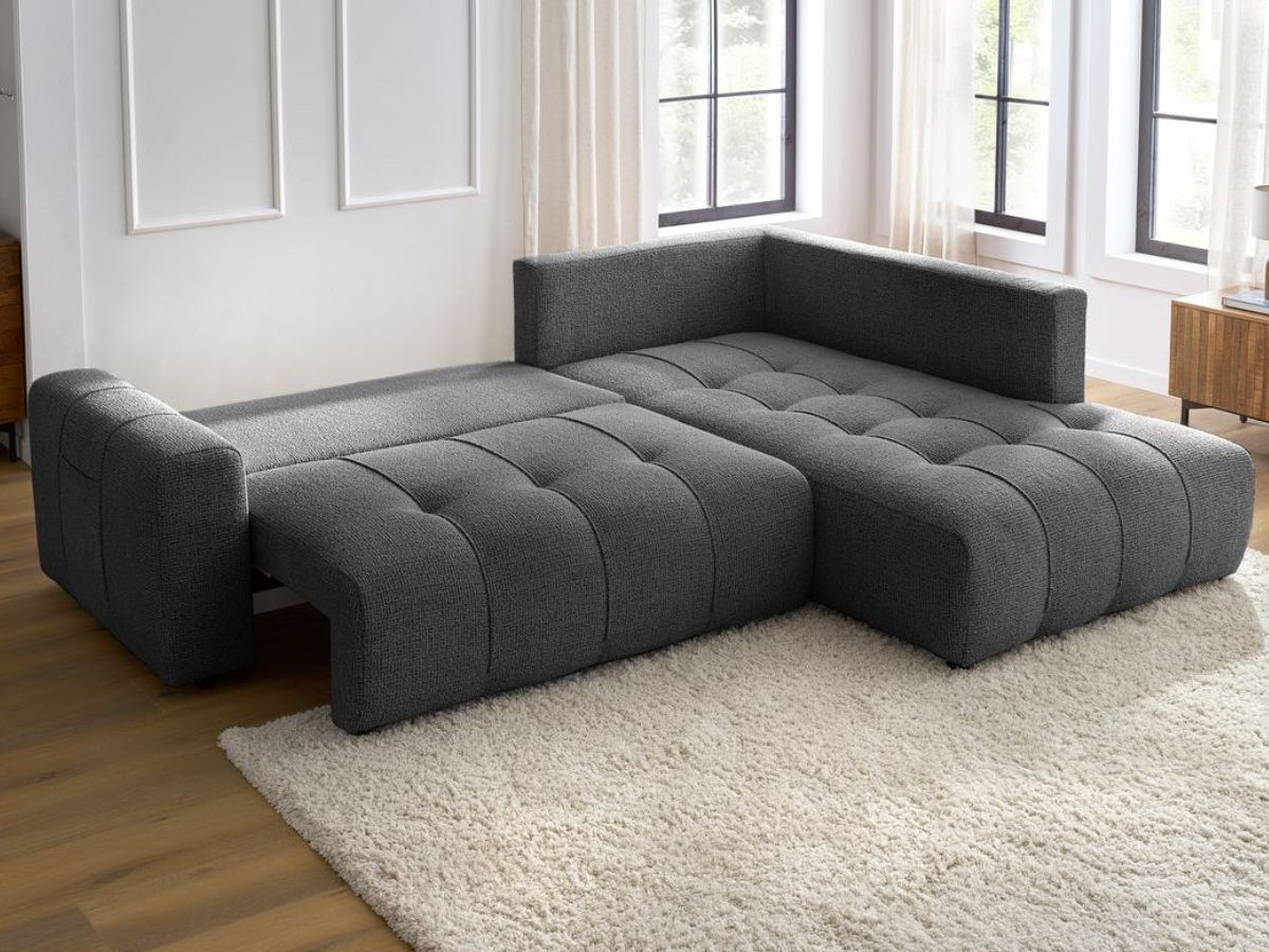 Bobochic Arsene Ecksofa mit Schlaffunktion und Bettkasten 277 × 200 cm Melange-Stoff Dunkelgrau Ecke rechts