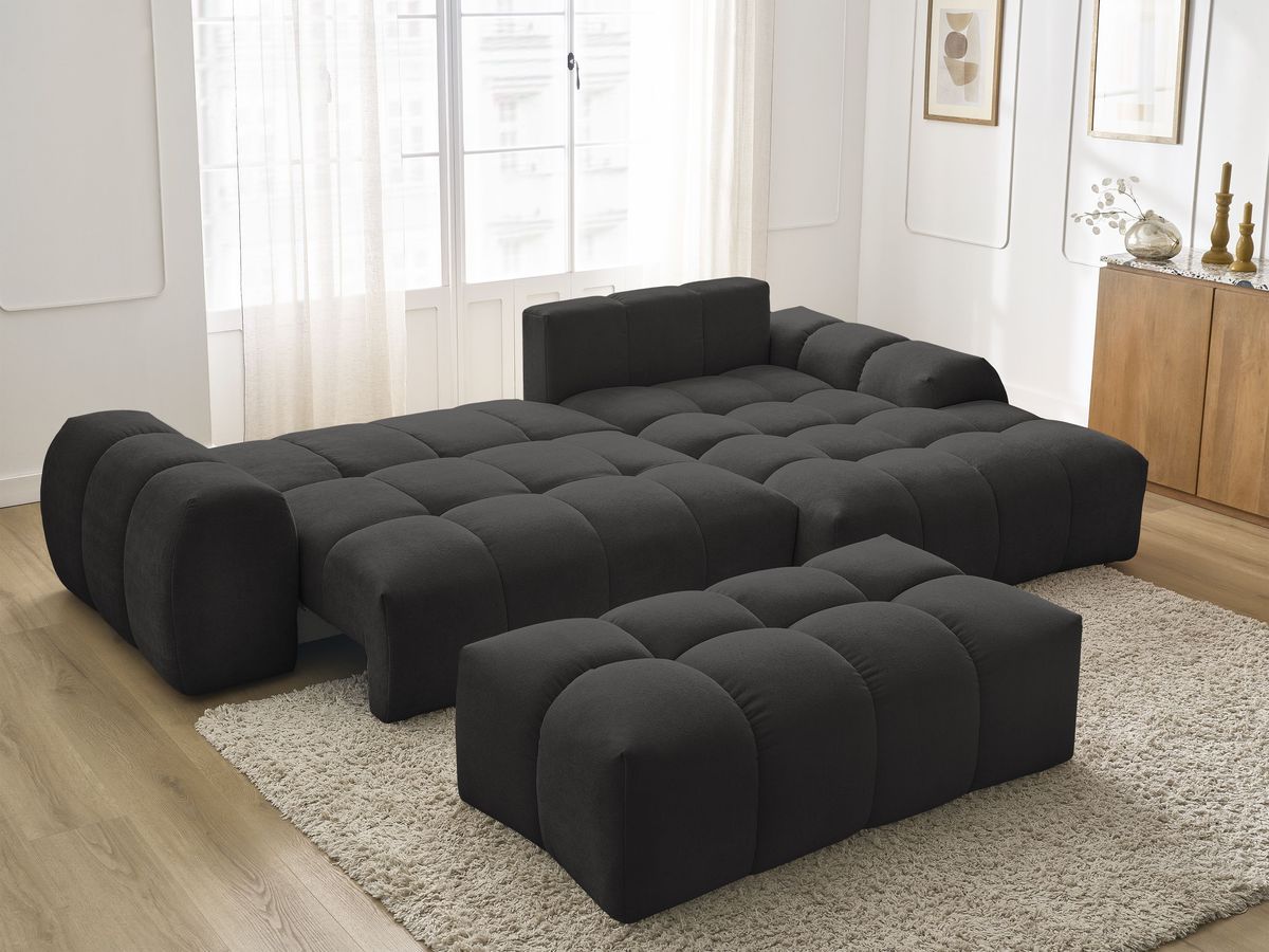 Bobochic Everest Ecksofa mit Schlaffunktion und Bettkasten und Pouf 318 × 180 cm, 3 Kissen Strukturstoff Schwarz Ecke rechts