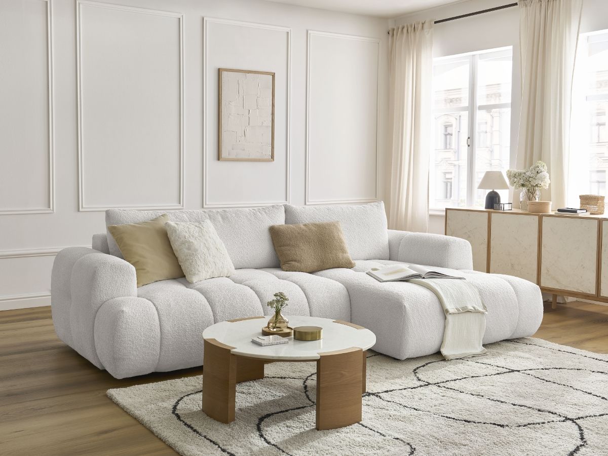 Bobochic Fuji Ecksofa mit Schlaffunktion und Bettkasten 292 × 160 cm Bouclé-Stoff Weiß Ecke rechts