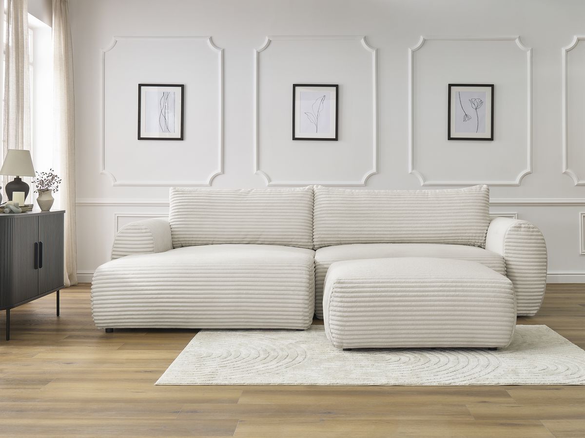 Bobochic Lucien Ecksofa mit Schlaffunktion und Bettkasten und Pouf 314 × 167 cm Breitcord weich Beige Ecke links