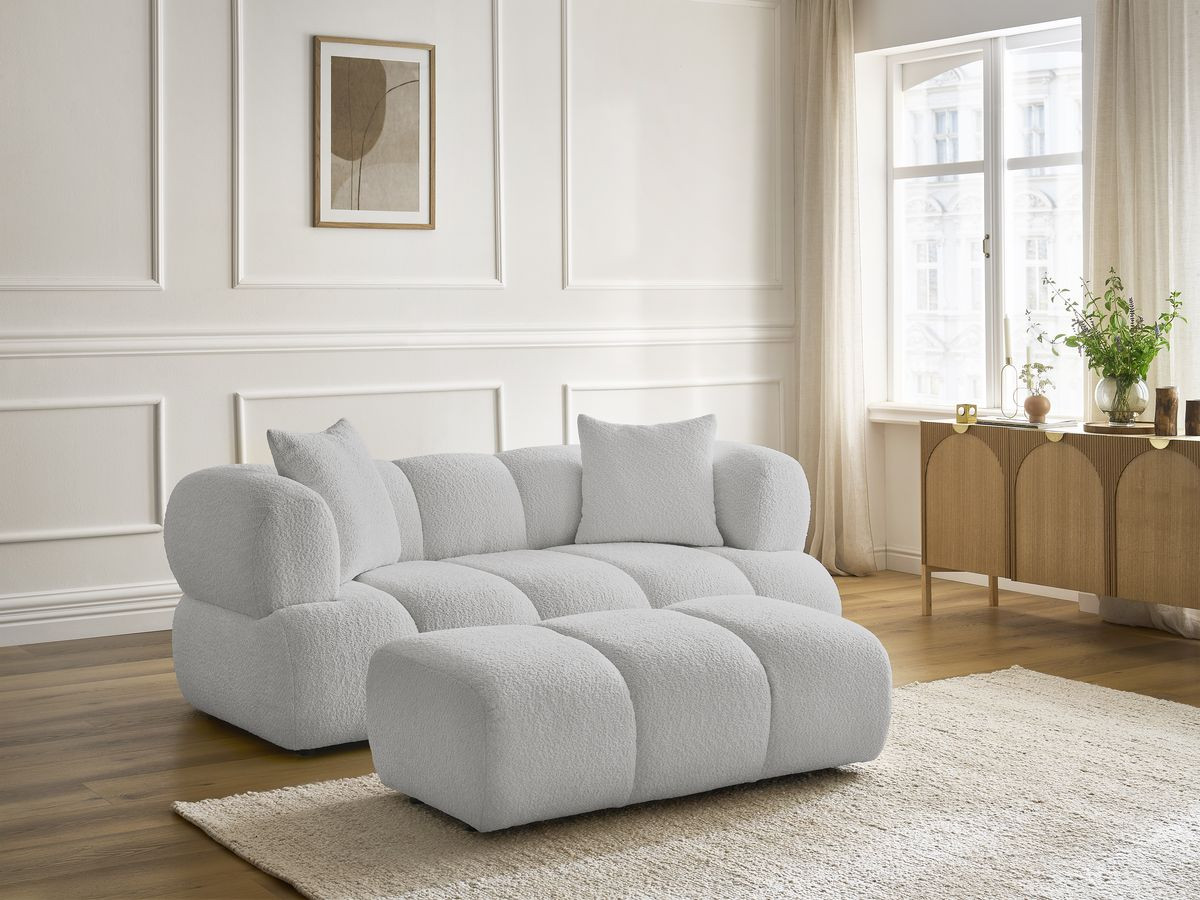 Bobochic Pamira Sofa 2-Sitzer mit Pouf Bouclé-Stoff Hellgrau