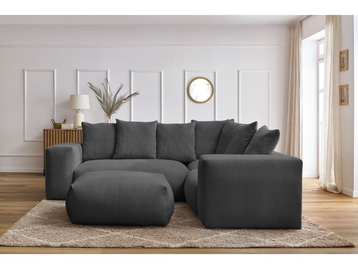 Bobochic Voltaire Ecksofa mit Pouf 268 × 214 cm Cordsamt Dunkelgrau Ecke rechts
