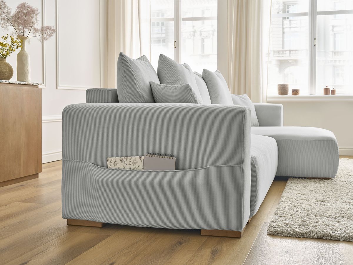 Bobochic Sidonie Ecksofa mit Schlaffunktion und Bettkasten Cordsamt Hellgrau