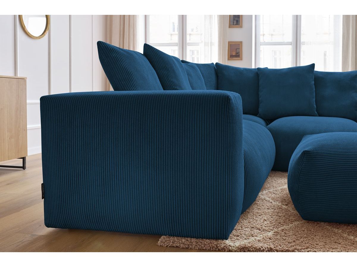 Bobochic Voltaire Ecksofa mit Pouf 268 × 214 cm Cordsamt Dunkelblau Ecke rechts